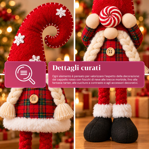 Gnome de Noël extensible de 60 à 80 cm, décoration en tissu tartan