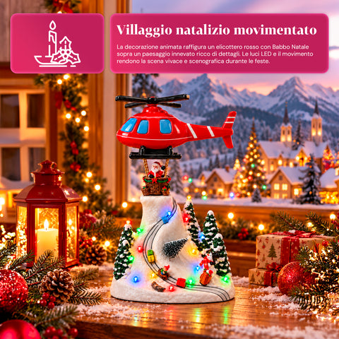 Paysage de Noël avec le père Noël volant, lumières LED et musique