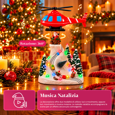 Paysage de Noël avec le père Noël volant, lumières LED et musique
