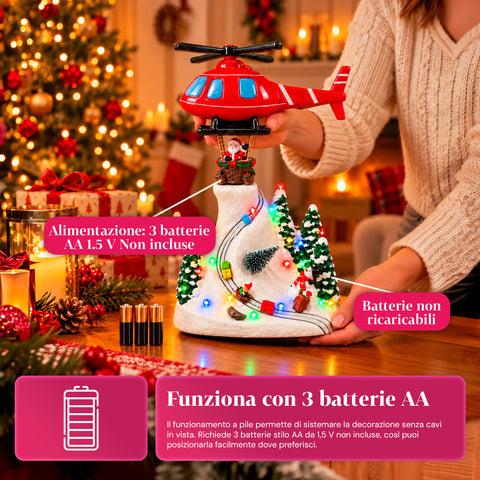 Paysage de Noël avec le père Noël volant, lumières LED et musique
