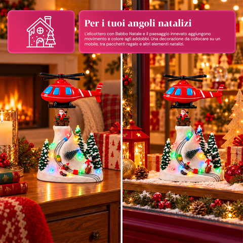 Paysage de Noël avec le père Noël volant, lumières LED et musique