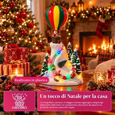 Paysage de Noël avec le père Noël volant, lumières LED et musique