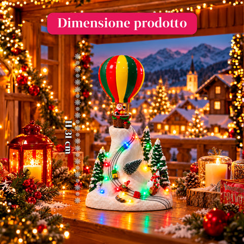 Paysage de Noël avec le père Noël volant, lumières LED et musique