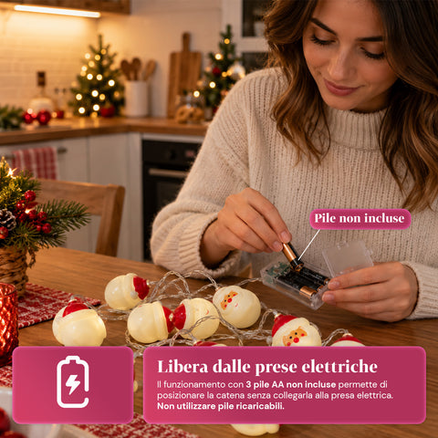 Guirlande lumineuse du père Noël à piles, 10 LED blanc chaud
