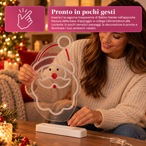 Père Noël lumineux en néon LED 25x40 cm, lumière rouge et blanche