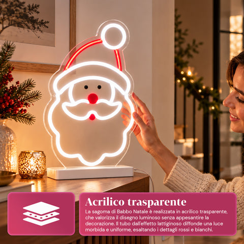 Père Noël lumineux en néon LED 25x40 cm, lumière rouge et blanche