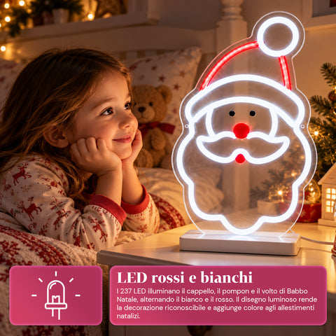 Père Noël lumineux en néon LED 25x40 cm, lumière rouge et blanche