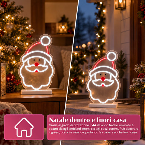 Père Noël lumineux en néon LED 25x40 cm, lumière rouge et blanche