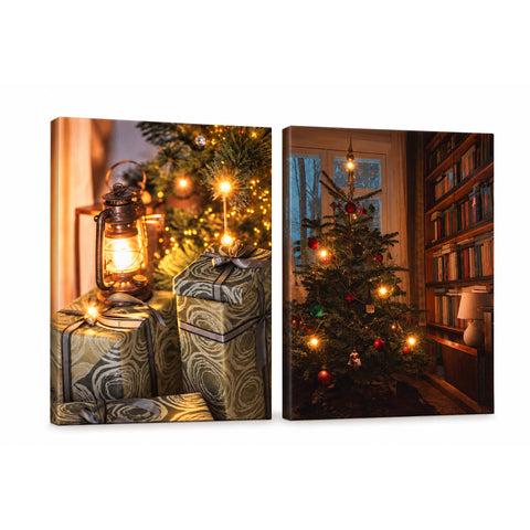 Tableaux de Noël avec lumières LED, lot de 2, 30x40 cm : Père Noël, rennes, gnome et sapins lumineux, à piles avec interrupteur