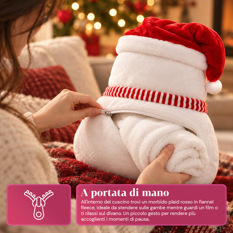 Coussin de Noël avec plaid 60x90 cm et chauffe-mains 3 en 1, 3 personnages disponibles