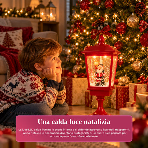 Lampadaire de Noël lumineux de 60 cm avec le père Noël, effet de neige soufflée et musique, LED, lanterne décorative de Noël rouge