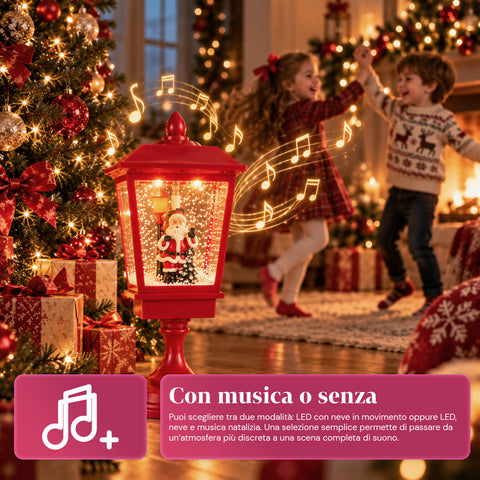 Lampadaire de Noël lumineux de 60 cm avec le père Noël, effet de neige soufflée et musique, LED, lanterne décorative de Noël rouge