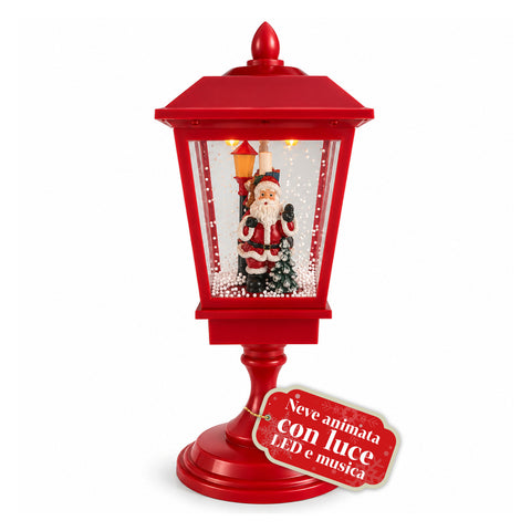 Lampadaire de Noël lumineux de 60 cm avec le père Noël, effet de neige soufflée et musique, LED, lanterne décorative de Noël rouge