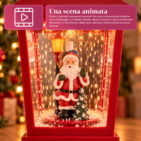 Lampadaire de Noël lumineux de 60 cm avec le père Noël, effet de neige soufflée et musique, LED, lanterne décorative de Noël rouge