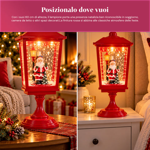 Lampadaire de Noël lumineux de 60 cm avec le père Noël, effet de neige soufflée et musique, LED, lanterne décorative de Noël rouge