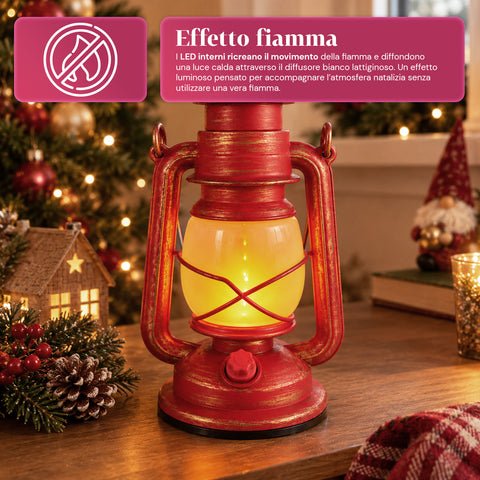 Lanterne de Noël rouge à LED à effet flamme avec musique de Noël, crochet de suspension et finitions dorées, décoration 15x11x25 cm