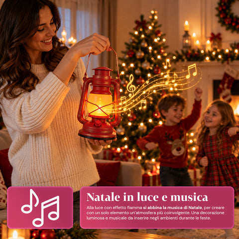 Lanterne de Noël rouge à LED à effet flamme avec musique de Noël, crochet de suspension et finitions dorées, décoration 15x11x25 cm
