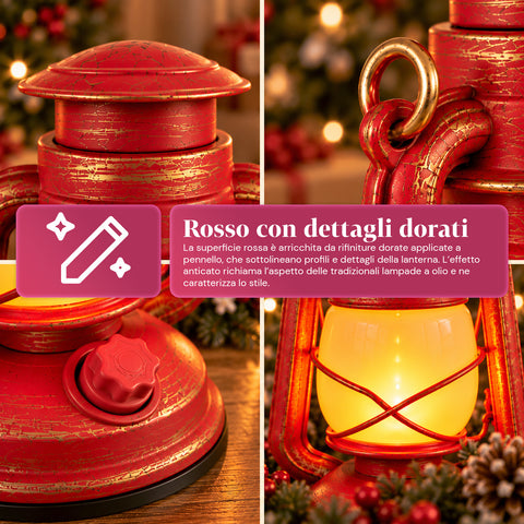 Lanterne de Noël rouge à LED à effet flamme avec musique de Noël, crochet de suspension et finitions dorées, décoration 15x11x25 cm
