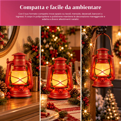 Lanterne de Noël rouge à LED à effet flamme avec musique de Noël, crochet de suspension et finitions dorées, décoration 15x11x25 cm
