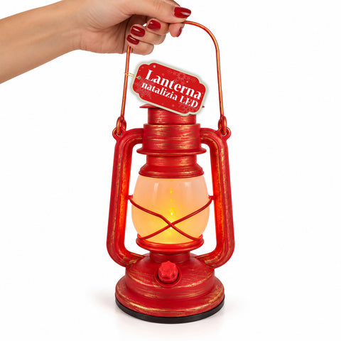 Lanterne de Noël rouge à LED à effet flamme avec musique de Noël, crochet de suspension et finitions dorées, décoration 15x11x25 cm