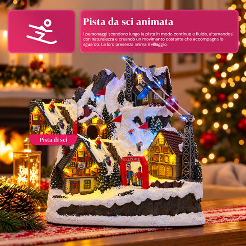 Village de Noël lumineux avec toboggan en mouvement, téléphérique, lumières LED et musique de Noël – 28x19x32 cm