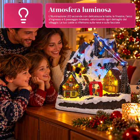 Village de Noël lumineux avec toboggan en mouvement, téléphérique, lumières LED et musique de Noël – 28x19x32 cm