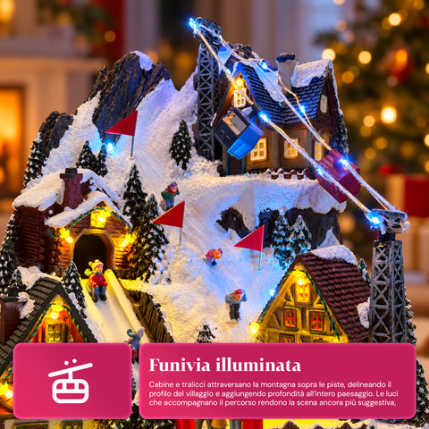 Village de Noël lumineux avec toboggan en mouvement, téléphérique, lumières LED et musique de Noël – 28x19x32 cm