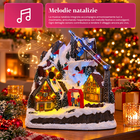 Village de Noël lumineux avec toboggan en mouvement, téléphérique, lumières LED et musique de Noël – 28x19x32 cm
