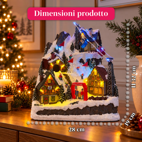 Village de Noël lumineux avec toboggan en mouvement, téléphérique, lumières LED et musique de Noël – 28x19x32 cm