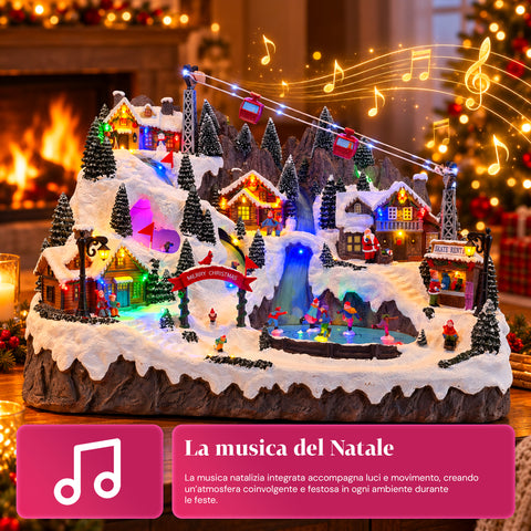 Village de Noël lumineux avec pistes de ski et de patinage en mouvement, lumières LED et musique – 56x37x42 cm