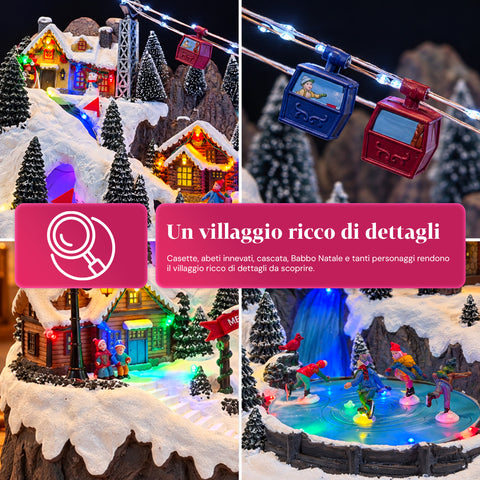 Village de Noël lumineux avec pistes de ski et de patinage en mouvement, lumières LED et musique – 56x37x42 cm