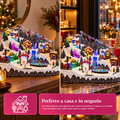 Village de Noël lumineux avec pistes de ski et de patinage en mouvement, lumières LED et musique – 56x37x42 cm