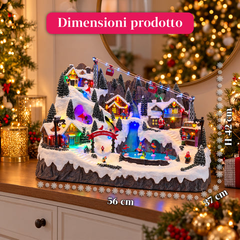 Village de Noël lumineux avec pistes de ski et de patinage en mouvement, lumières LED et musique – 56x37x42 cm