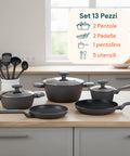 Batteria da Cucina Completa 13 Pezzi in Vari Colori con Mestoli Inclusi