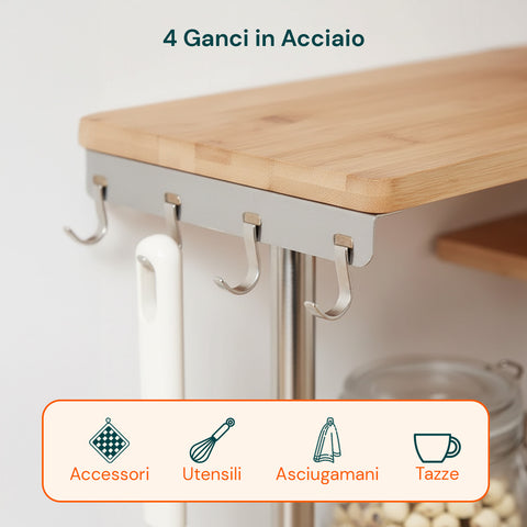 Scaffale Angolare in Bambù 3 Ripiani con Ganci Portaoggetti
