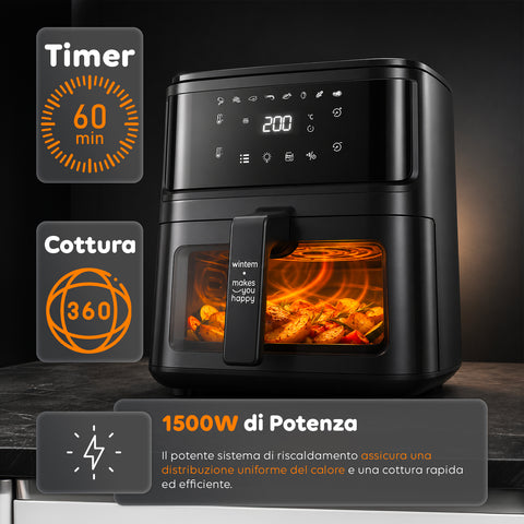 Friggitrice ad Aria 8l con Touch Led, 8 Programmi e Ricettario Incluso