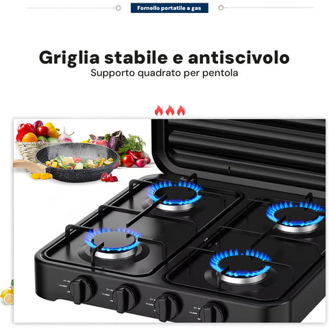 Fornello A Gas 4 Fuochi Con Coperchio Nero