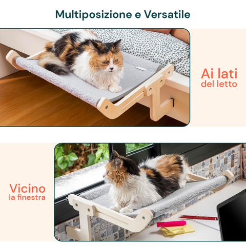 Letto pensile per gatti Puppy Lovers multiposizione e versatile: ai lati del letto o vicino la finestra, gatto tricolore che si rilassa comodamente