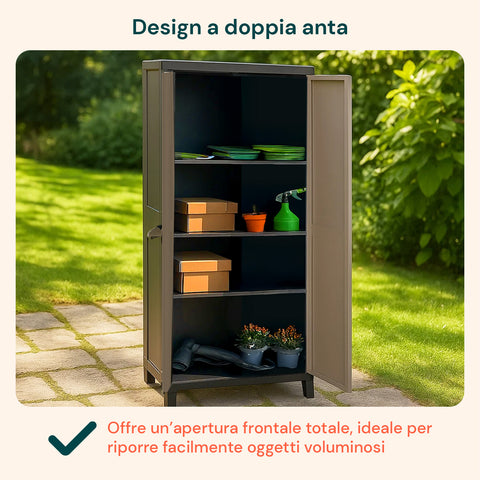 Mobile Tuttopiani Toomax design a doppia anta con apertura frontale totale, ideale per riporre facilmente oggetti voluminosi, terrazza moderna