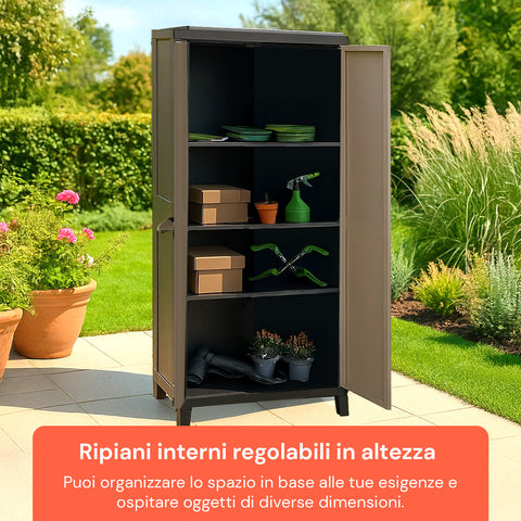 Mobile Tuttopiani Toomax con ripiani interni regolabili in altezza, organizza lo spazio in base alle esigenze, ambiente giardino verde