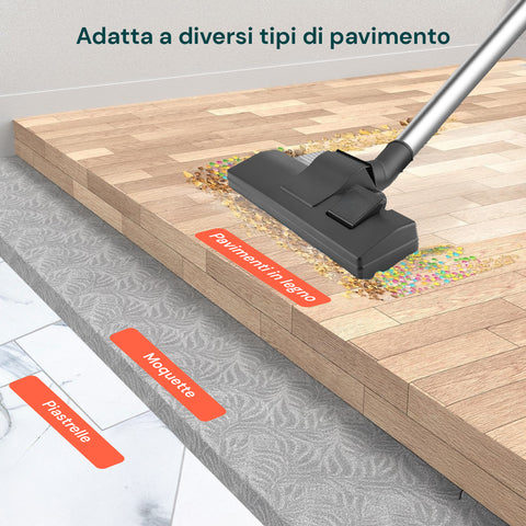 Aspirapolvere adatta a diversi tipi di pavimento: parquet, moquette e piastrelle con spazzola setole regolabili per pulizia ottimale