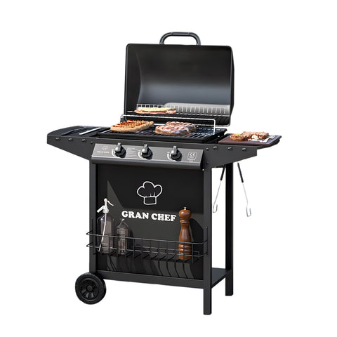 Barbecue à gaz Thomas 3 feux en acier noir avec roues