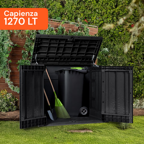 Contenitore da esterno con capacità 1270 litri per attrezzi e bidone spazzatura, perfetto per organizzazione giardino