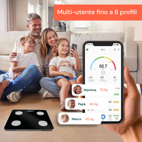 Bilancia multiutente fino a 8 profili per tutta la famiglia con app smartphone, monitoraggio personalizzato e sincronizzazione dati individuali