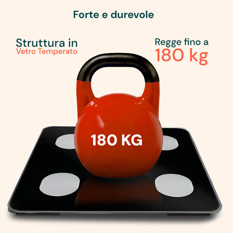 Bilancia con struttura in vetro temperato resistente fino a 180kg, forte e durevole con design elegante per ogni ambiente bagno
