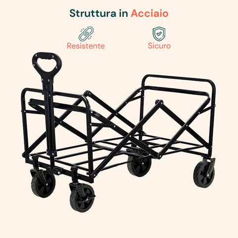 Carrello da Giardino Pieghevole in Acciaio con Freno e Manico Portata 80 kg