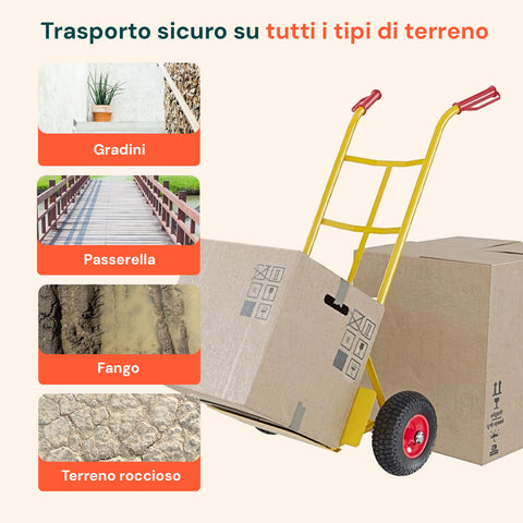 Carrello per trasporto sicuro su tutti i tipi di terreno: gradini, passerella, fango e terreno roccioso, versatile per ogni superficie