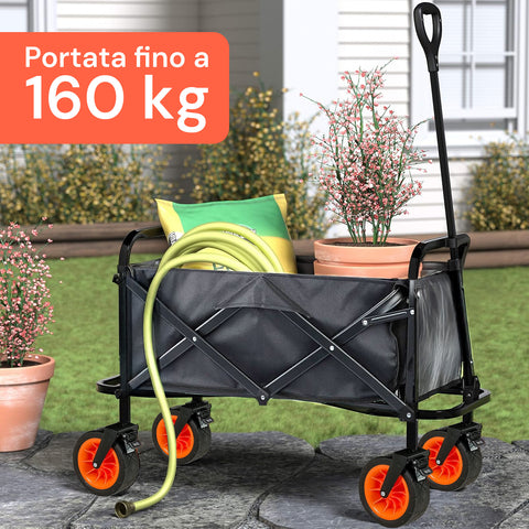Carrello da Giardino Pieghevole in Acciaio con Freno e Manico Portata 160kg