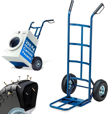 Chariot de transport 250 kg en acier bleu avec roues pneumatiques robustes