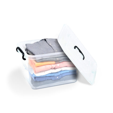 Boîte de rangement en plastique transparent avec couvercle et roulettes 85 l